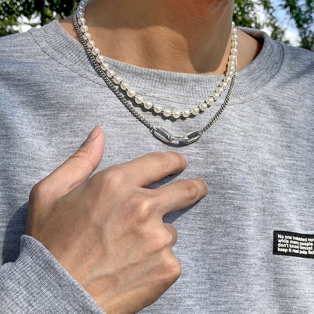 Kalung Choker Rantai Mutiara Imitasi Double Layer Gaya Vintage Hip-Hop Korea Untuk Unisex