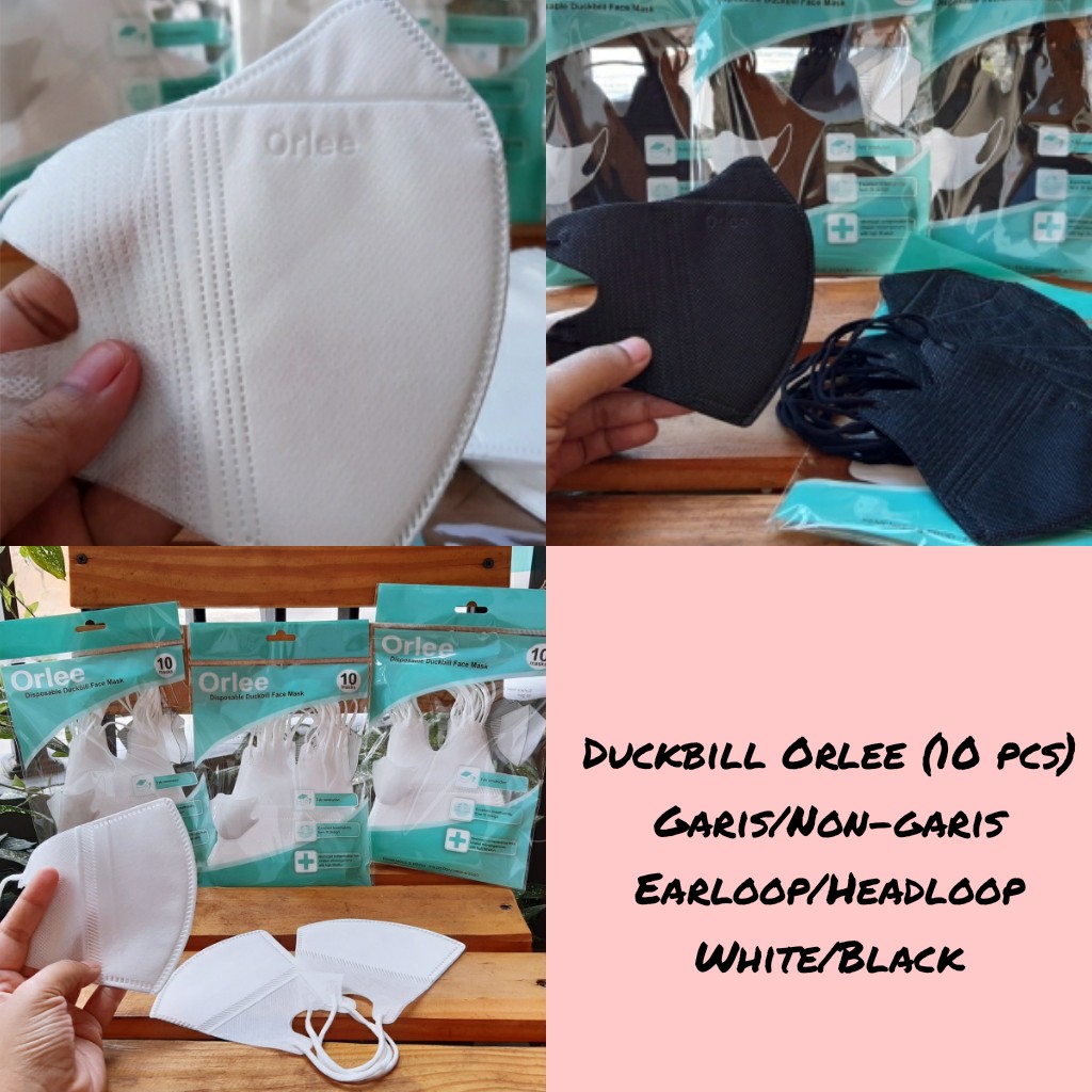Masker Orlee Duckbill 3 Ply Earloop Garis Hidung / Non-Garis Hitam & Putih (10 pcs) Mirip Sensi