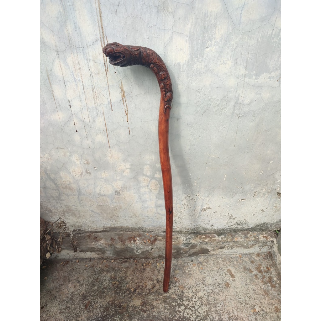 Original Tongkat Jalan Kayu Stigi Asli Ukir Macan Terbaru Exp Baru