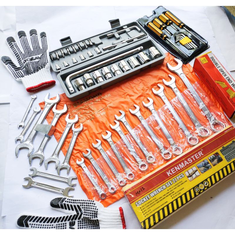 Premium (Mount) Paket Kunci Ring Pas set + Kunci Sok 27 pcs+ Kunci Pas set+ Obeng set FREE SARUNG