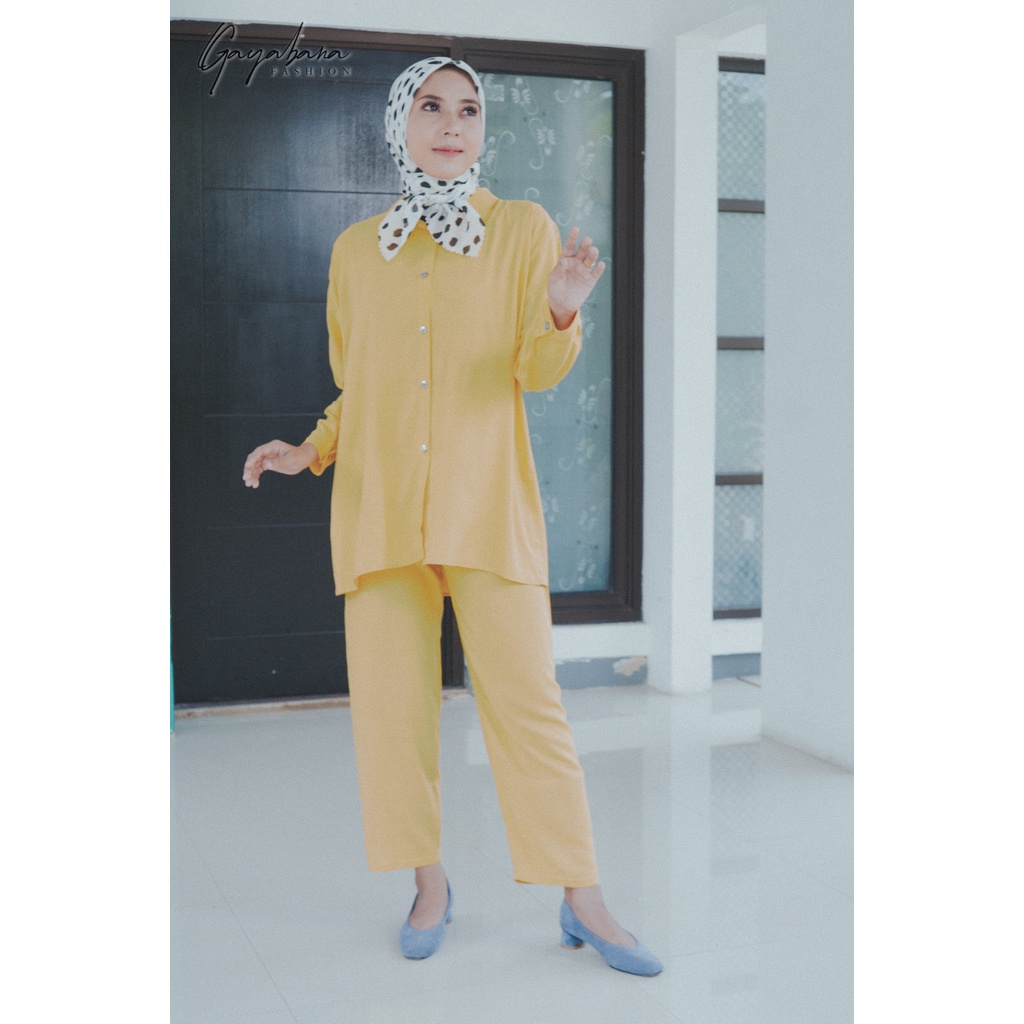 ONE SET MOTIF POLOS/ SETELAN RAYON VISCOSE MOTIF POLOS/SETCEL KEKINIAN/SETELAN WANITA TERBARU/DNILYA-MUSTARD