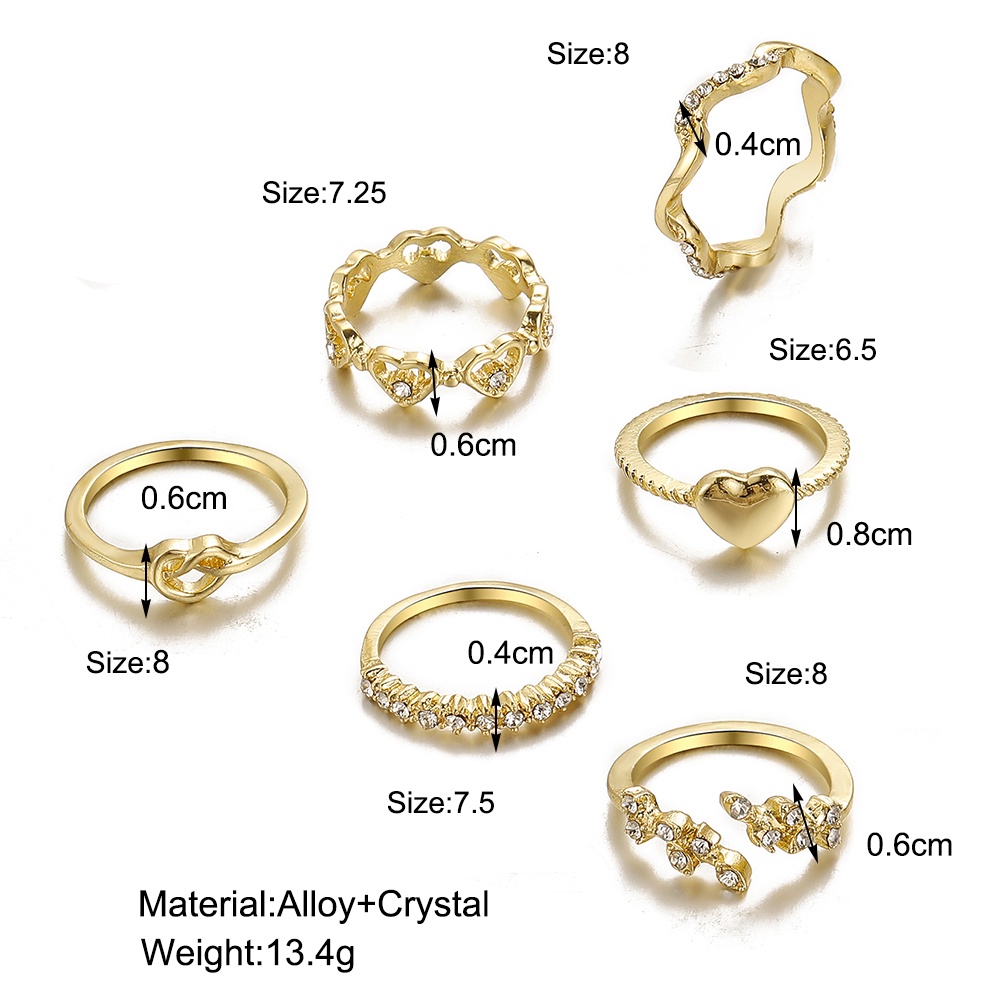 YEEZII 6pcs / Set Cincin Model Terbuka Adjustable Desain Hati Asimetris Hias Kristal Gaya Retro Untuk Wanita