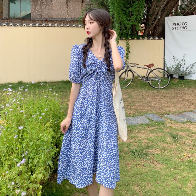 pakaian wanita korea COD 2022 New Fashion Korean Style daster kerut dada Black Blue Green Floral Short Sleeve Drawstring V Neck Midi dress wanita 2023 korea biru for Women Summer A-Line Casual tunik Dresses