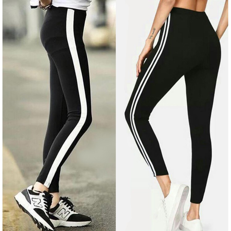 Legging Celana Senam List 2 Putih Hitam Olahraga Bahan Nyaman Comfy