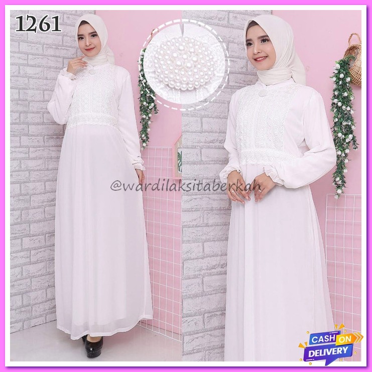 Terbaru Ramadhan Maxi Celmira Duyung Brukat Cord Tulang Premium G RA445 Gamis Putih Lebaran / Gamis