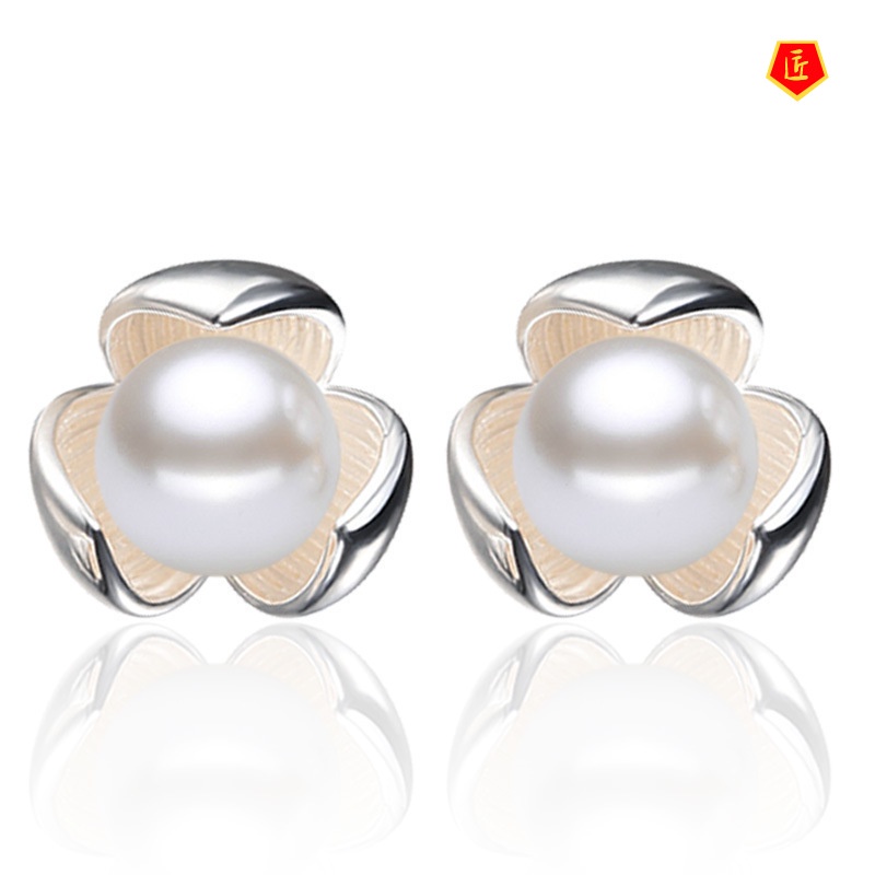 [Ready Stock]Lucky Clover Silver Stud Earrings Pearl Agate Elegant Simple