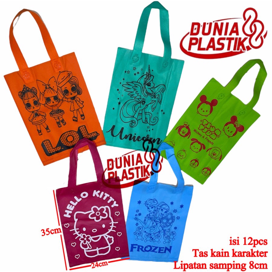 isi12pc TAS KAIN KARAKTER sablon acara party pesta ultah ulang tahun anak souvernir goodie bag kado spunbob gasset tas ramah lingkungan anak cowok cewek spidermen hellokiti unicorn frozen doraemon cars tayo lol tsumtsum-2