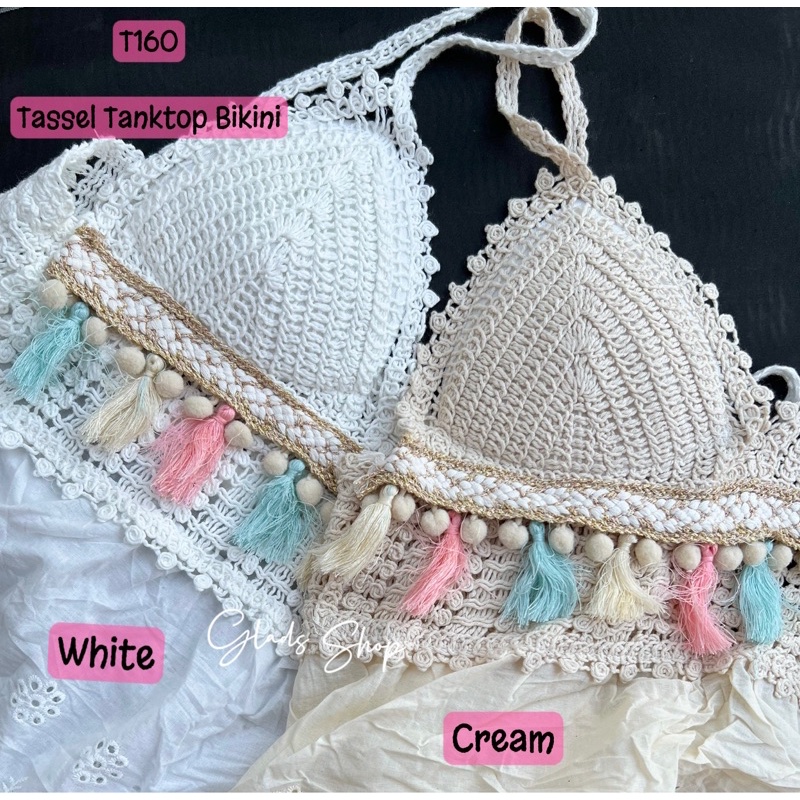 Baju Pantai sexy Tassel Bikini | T160 | Crochet Tanktop Rajut Pompom Woman Fashion Top Import Atasan Wanita