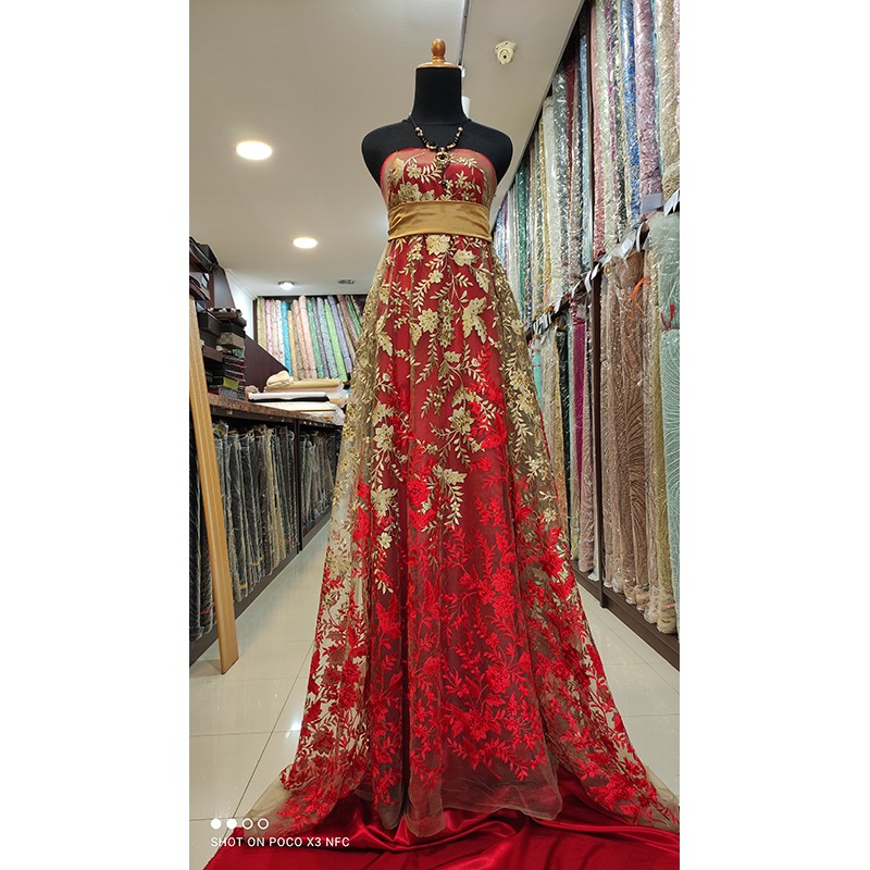 Kain Tile Brokat Lace Two Tone Bridal GOLD MERAH