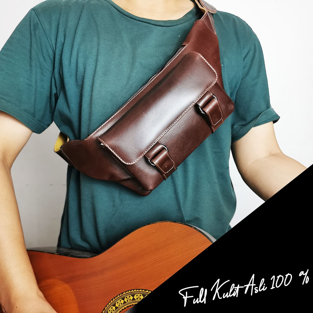 Waist bag kulit asli Vintage Old school tas selempang kulit asli