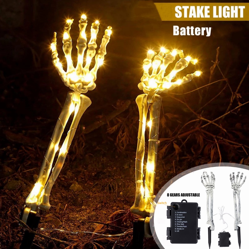 2 Pcs Lampu Bentuk Tangan Tengkorak Dengan 8 Mode Flash Untuk Dekorasi Pesta Halloween