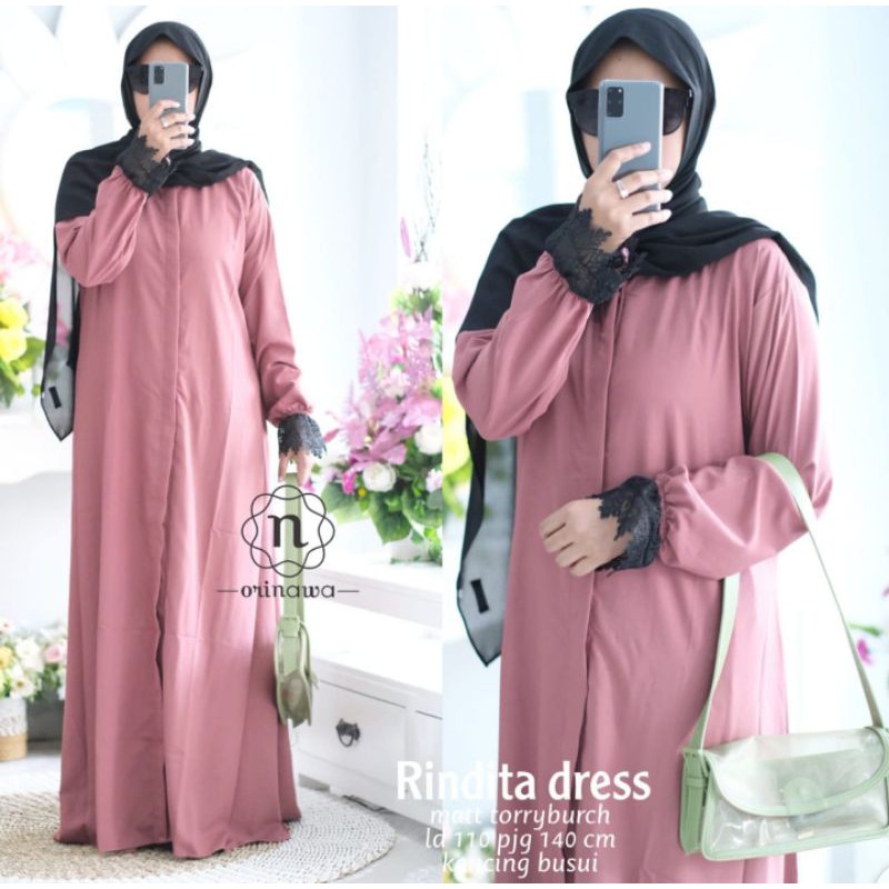 Rindita Dress Ori by Orinawa - Basic dress busui lengan renda gamis kancing polos maxy longdress
