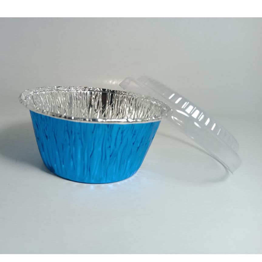 [20 pcs] Aluminium Foil  Cup Bulat Biru + Tutup Mika 8 x 3,7cm