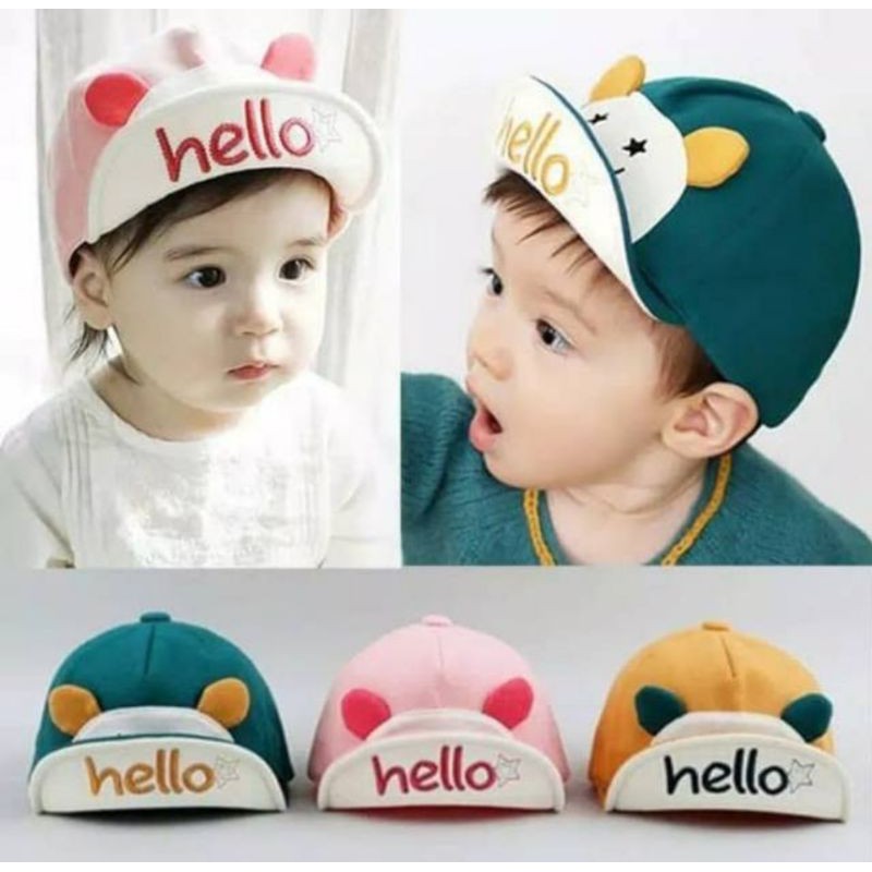 Topi tekuk topi bayi motif HELLO topi baby boy girl baby hat topi pink topi hijau anak balita