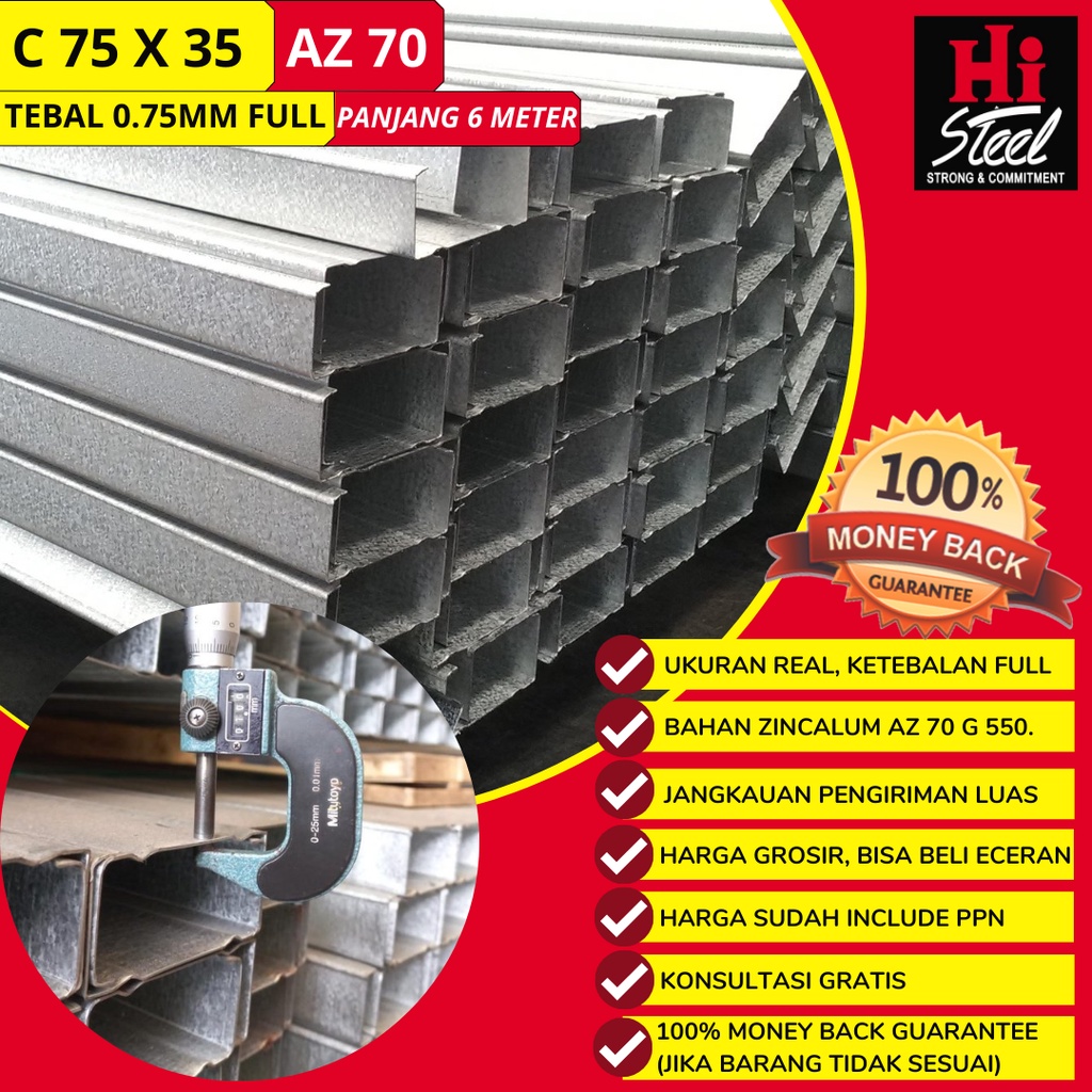 Kaso Baja Ringan 0.75mm / Canal C75 Full / Tiang Kanopi Baja Ringan