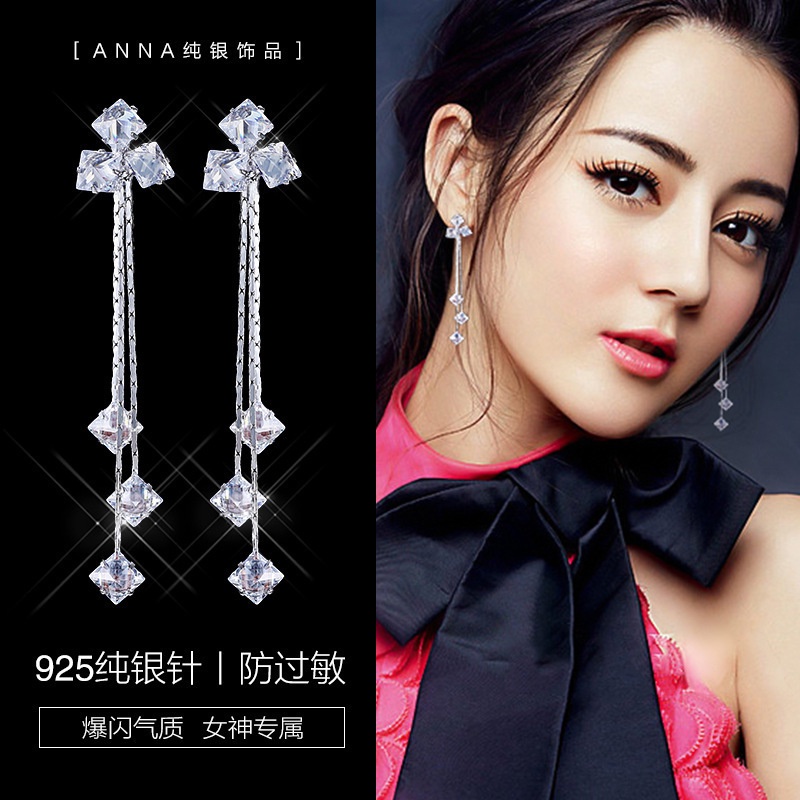 925 jarum perak panjang sudut zirkon anting-anting Korea rumbai liar anting-anting liontin