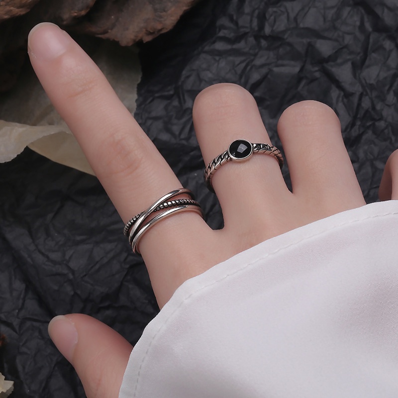 Double Layer Hip-hop Ring Korean Retro Simple Cross Personality Wild Black Stripe Opening Adjustable Ring Fashion Hello Girl Jewelry