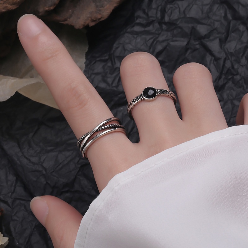 S925 Retro Cross Ring for Women Korean Hip Hop Twist Black Double Open Rings