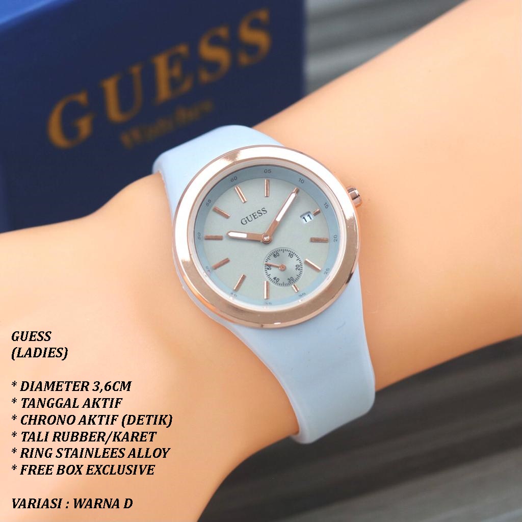 (FREE BOX) JAM TANGAN WANITA GUESS TALI RUBBER BODY BULAT TANGGAL &amp; CHRONO AKTIF