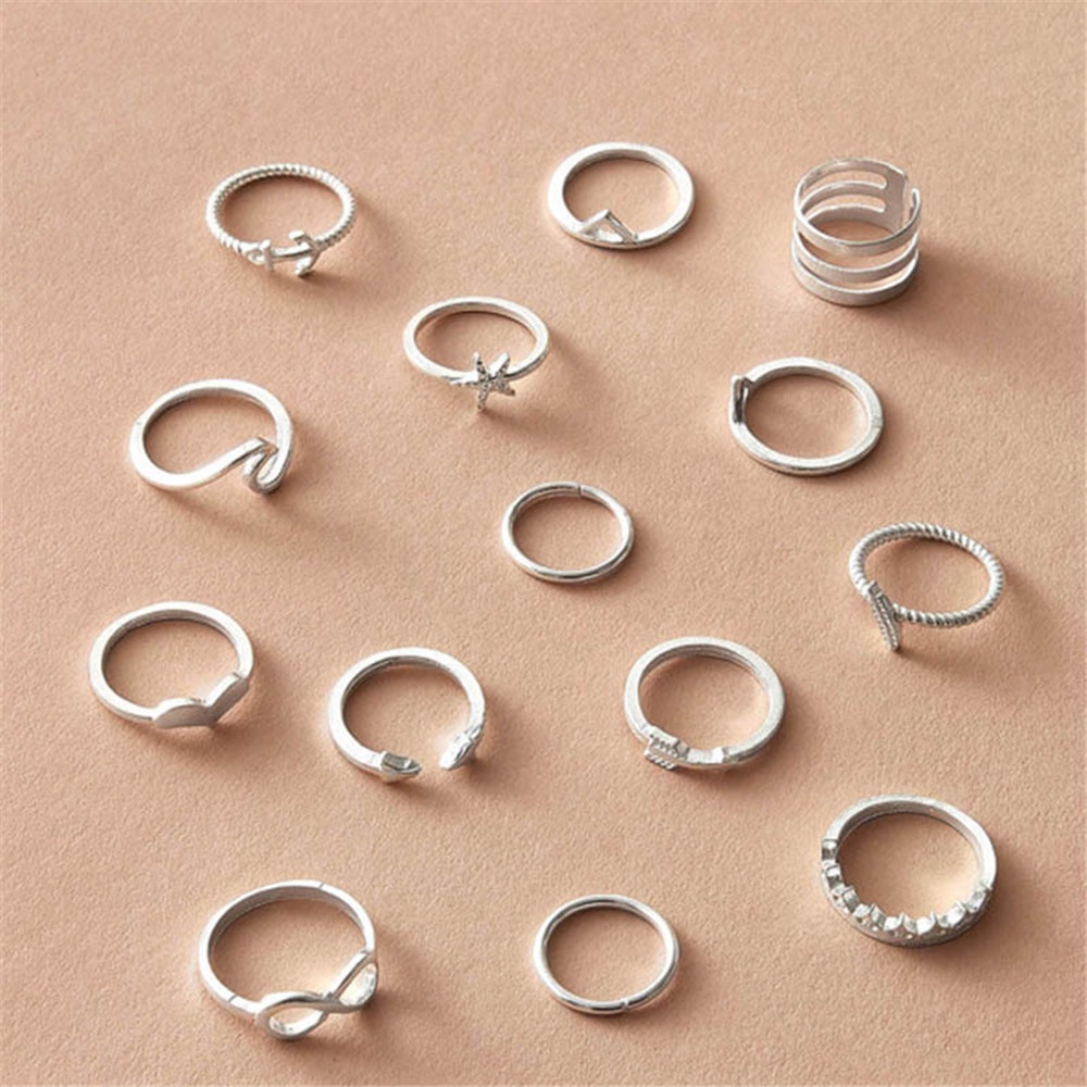 14 pcs Sederhana dan Modis Retro Gaya Bohemian Cincin Perak Antik Set 14-piece Set untuk Wanita