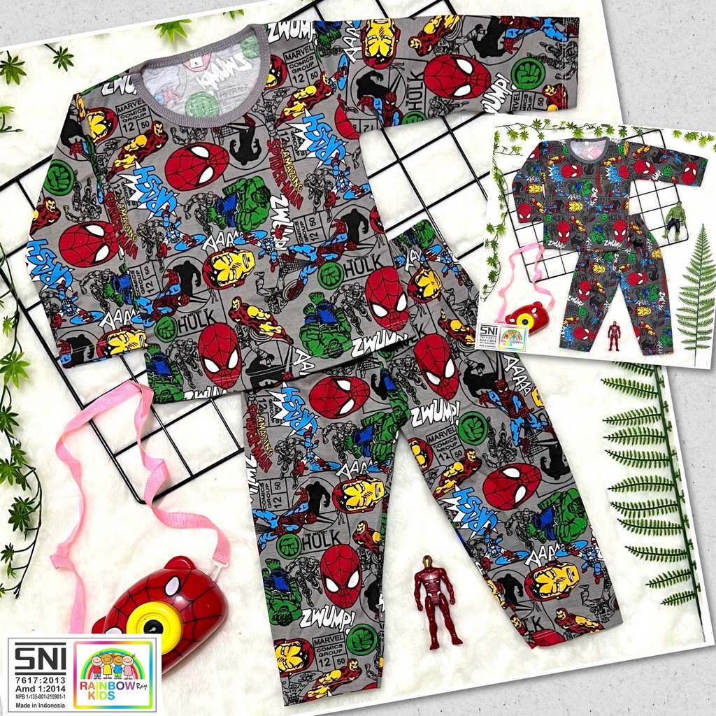 RAINBOW SETELAN PP / SET BAJU ANAK COWOK / CEWEK UNISEX PP 1-8 TAHUN SUPERHERO FULLPRINT GREY