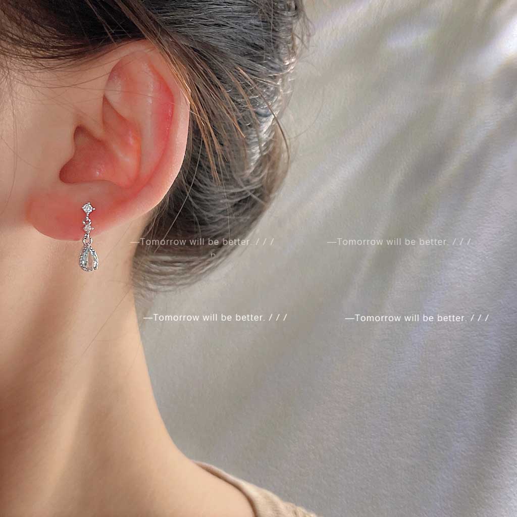 Anting Tusuk Gantung Bahan Sterling Silver 925 Hias Zircon Aquamarine Gaya Koreaelegan Untuk Wanita