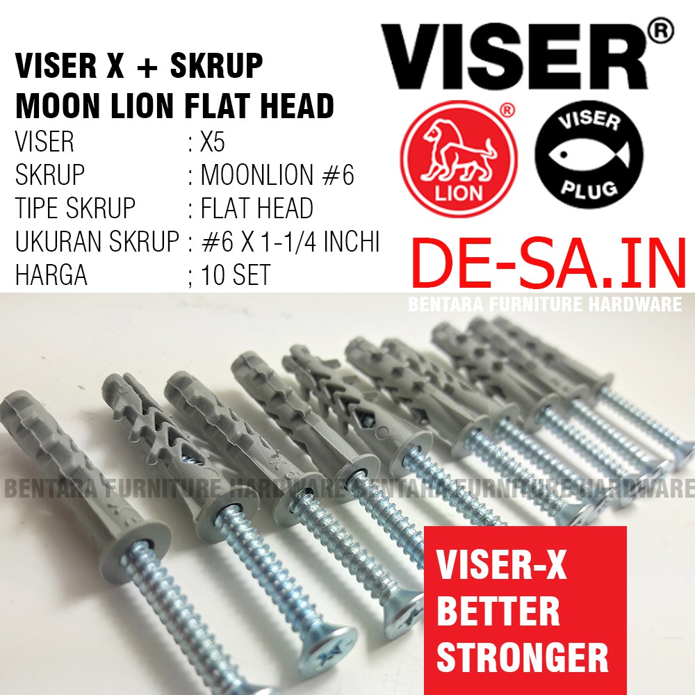 10 x Viser X5  + Screw Flat Head Moon Lion 1 1/4&quot; - Skrup Angkur Dinding Tembok Beton Bata