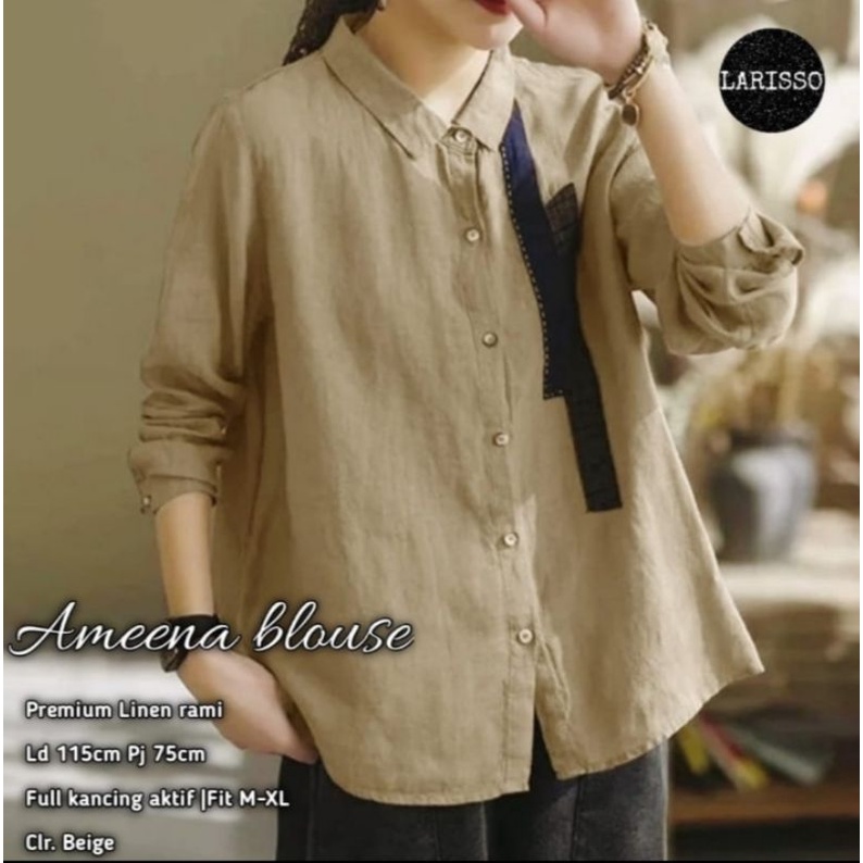 Ameena blouse blus wanita lengan panjang linen rami