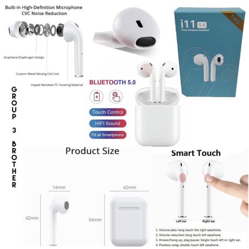 Headset Bluetooth 5.0 I11 TWS Earphone Earbuds True Wireless Untuk HP Android ios Laptop