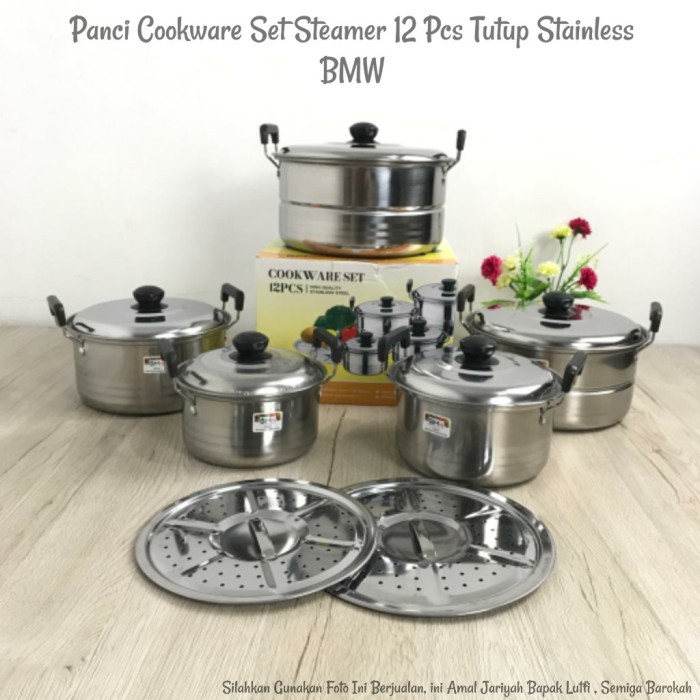 Panci Cookware Set Steamer 12 Pcs Tutup Stainless BMW 168S