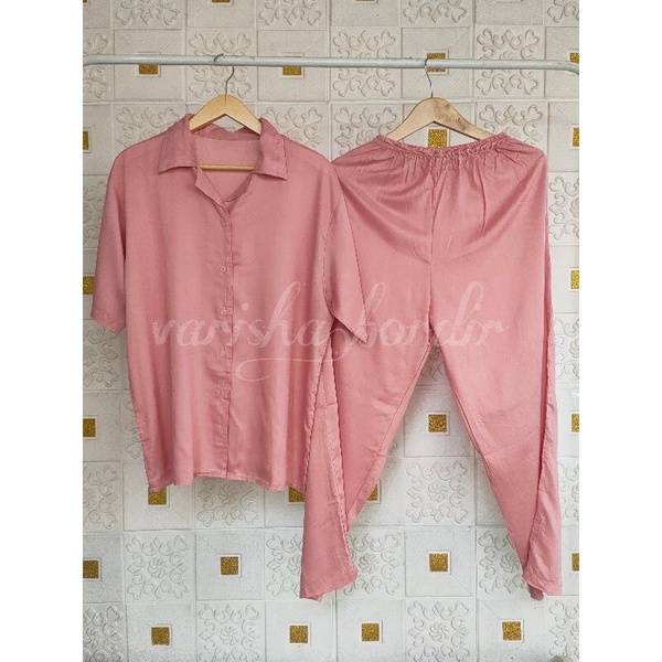 ONE SET VINETTA LENGAN PENDEK FULL KANCING Baju Tidur Rayon Set / Setelan Baju Tidur Set / Piyama Rayon Polos