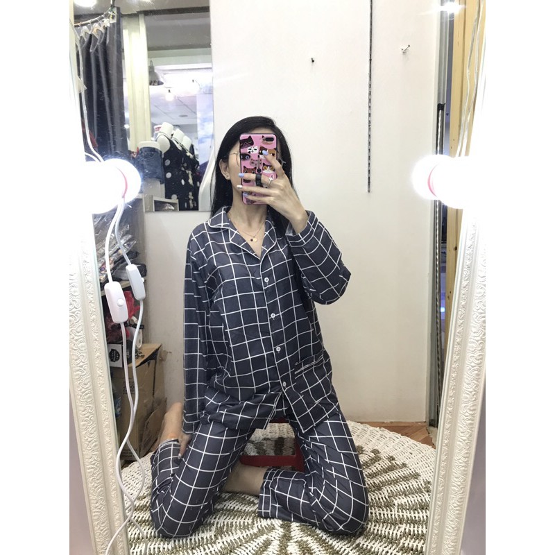 piyama/pajamas kotak&quot; PP katun abu murah.homewear/sleepwear/bajutidur cwe PP tartan grey kekinian