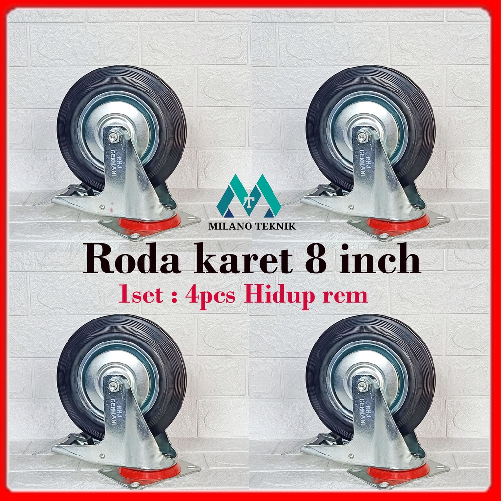 Roda Troli 8&quot; 1set(4pcs Hrem) Roda Karet 8inchi etalase 8 inch Troly