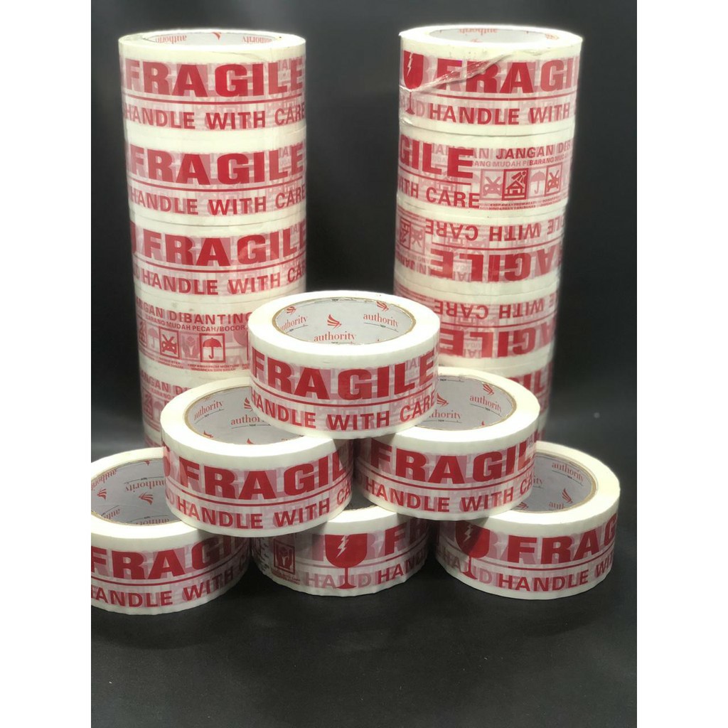 LAKBAN FRAGILE 48 MM 80 YARD - ISOLASI FRAGILE JANGAN DIBANTING ONLINE SHOP MERAH PUTIH SEGEL