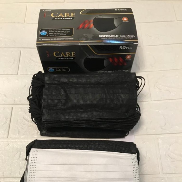 Masker Earloop icare Hitam 3ply Earloop isi 50 Pcs i-Care Black Edition izin Kemenkes Terbaru