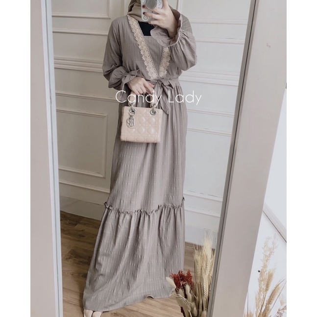 Gamis Polos Wanita Linen Crinkle Gessa Maxi Dress Renda