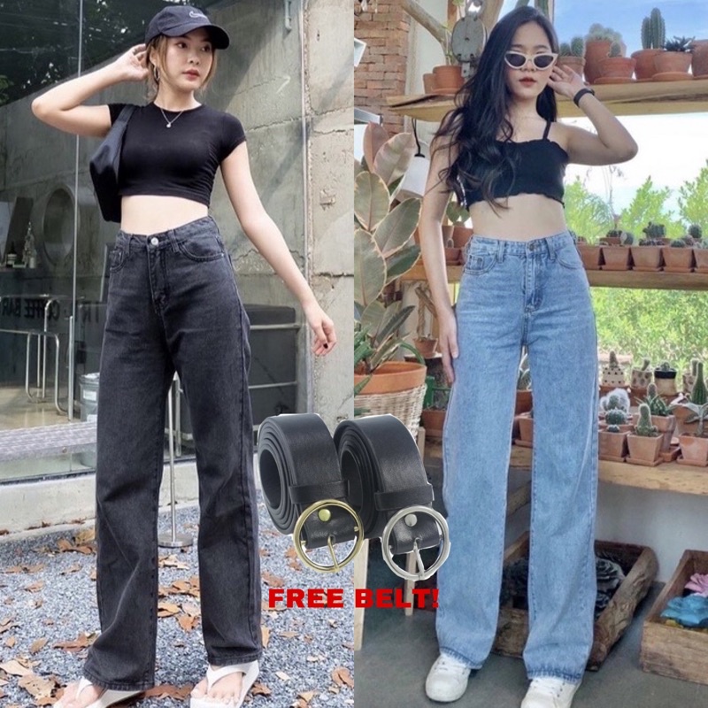 Highwaist Loose Jeans Free Belt Snow Black &amp; Snow Blue