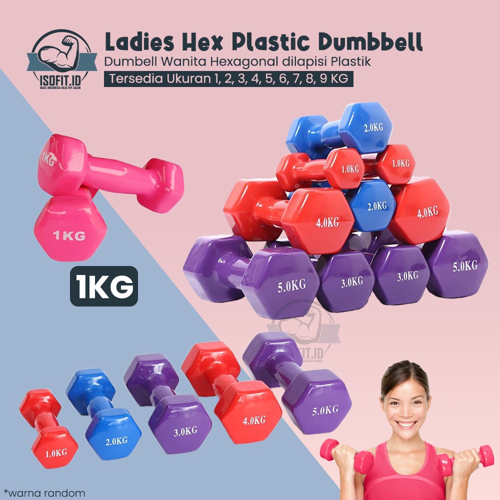 Isofit.id Ladies Hexagonal Plastic Dumbell / Barbel Hexagonal Plastik Wanita Size 1KG