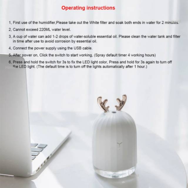 HUMIDIFIER PURIFIER DIFFUSER AROMATHERAPY WHITE PINK DEER CUTE 220 ML PELEMBAB UDARA AROMA OIL