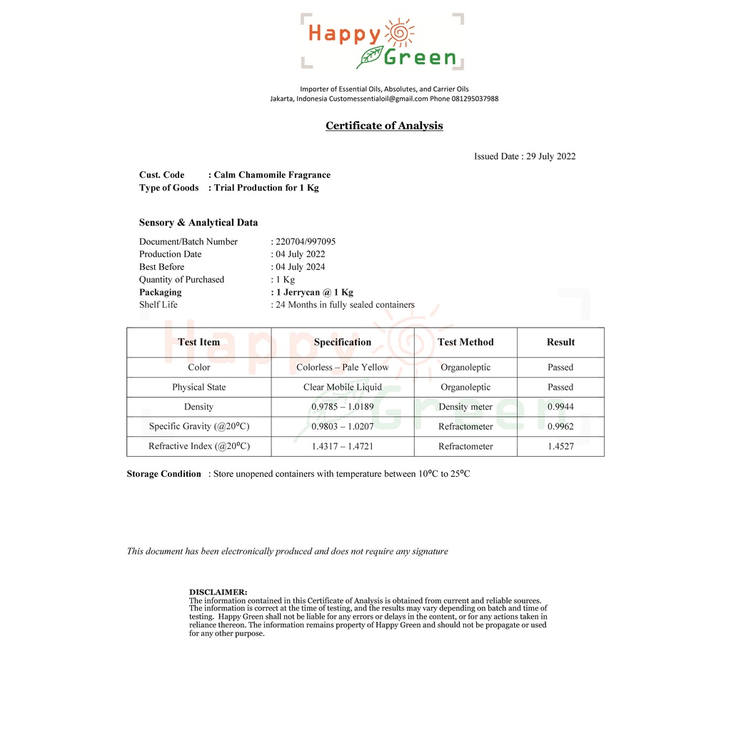 Happy Green Calm Chamomile Fragrance Oil Aroma Segar Bunga Kamomil