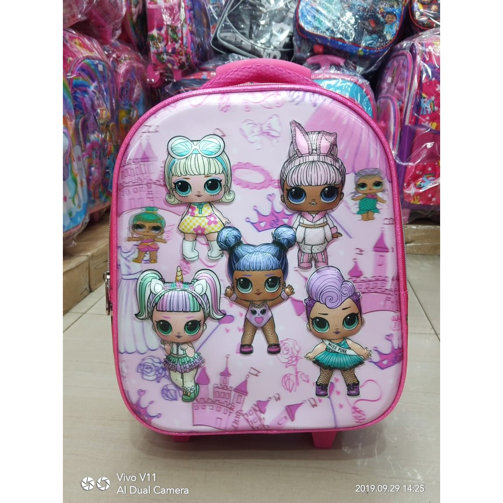 PROMO TERMURAH Tas Anak Perempuan Trolley Sekolah TK - 5D Timbul 2 Kantung Import