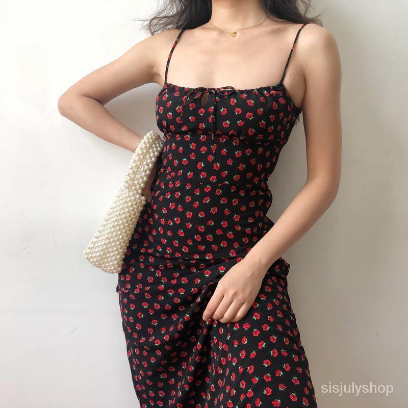 【Ready】New French retro rose floral suspender skirt slim tie dress print suspender skirt long skirt women