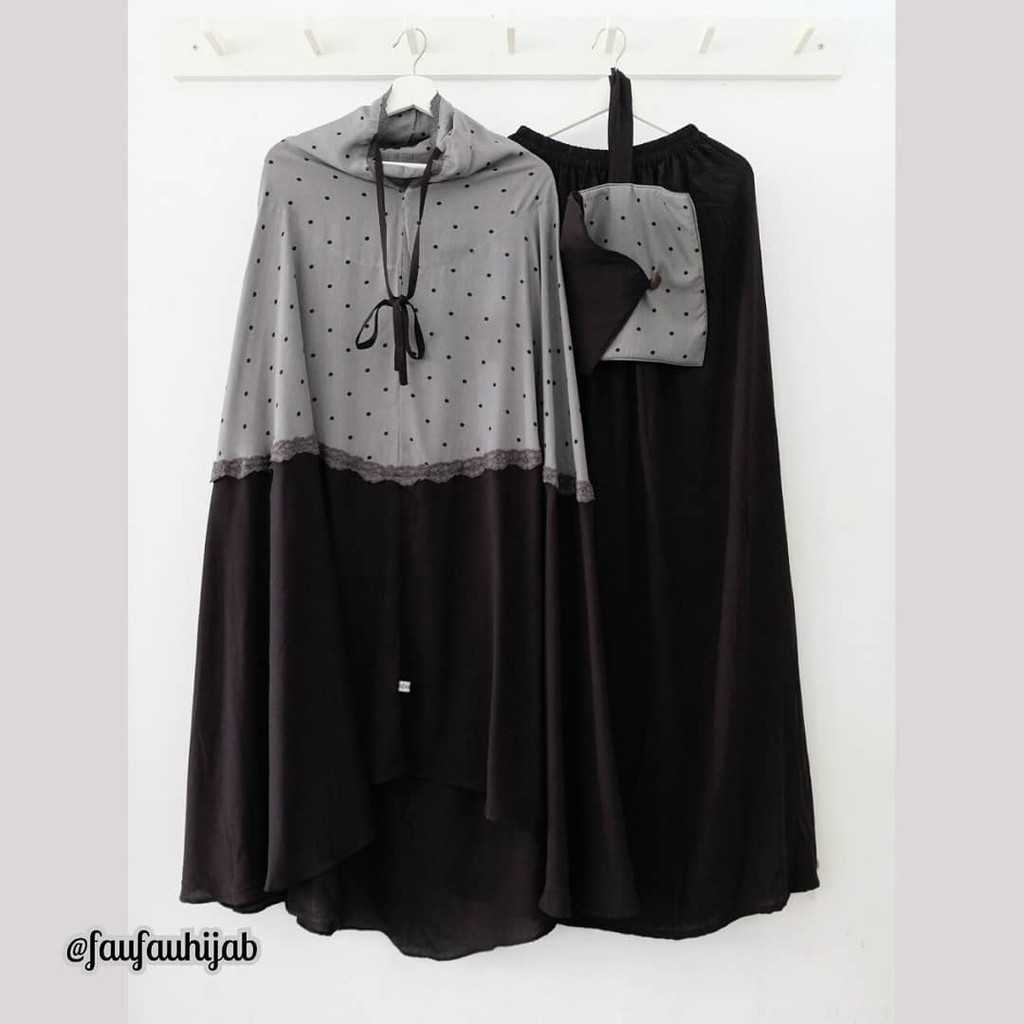 Mukena Faufau butik Asilah Twotone polka Abu tua rok Hitam (B)