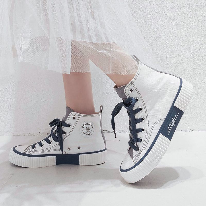 [ PAKAI DUS SEPATU ] IDEALIFESHOES Sepatu Wanita canvas Sneakers Abg Putih Biru Garis Import Korea High Top Kanvas import  KY-03