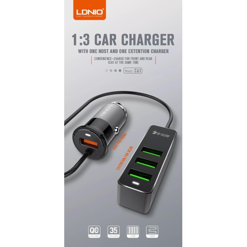 CAR CHARGER LDNIO C-61 ORIGINAL 2.4A FAST CHARGING 4 SLOT USB SUPPORT