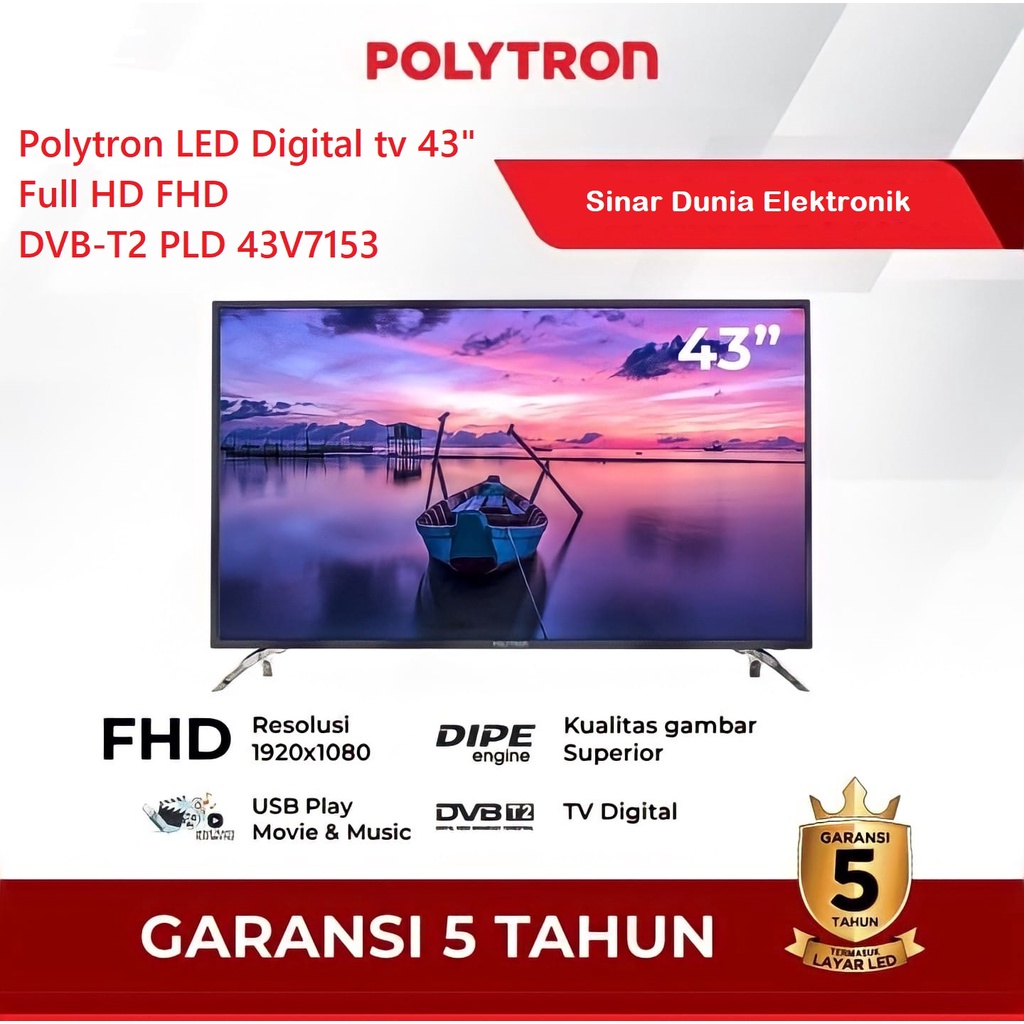 Polytron LED Digital TV 43&quot; Full HD FHD LED DVB-T2 USB PLD 43V1553