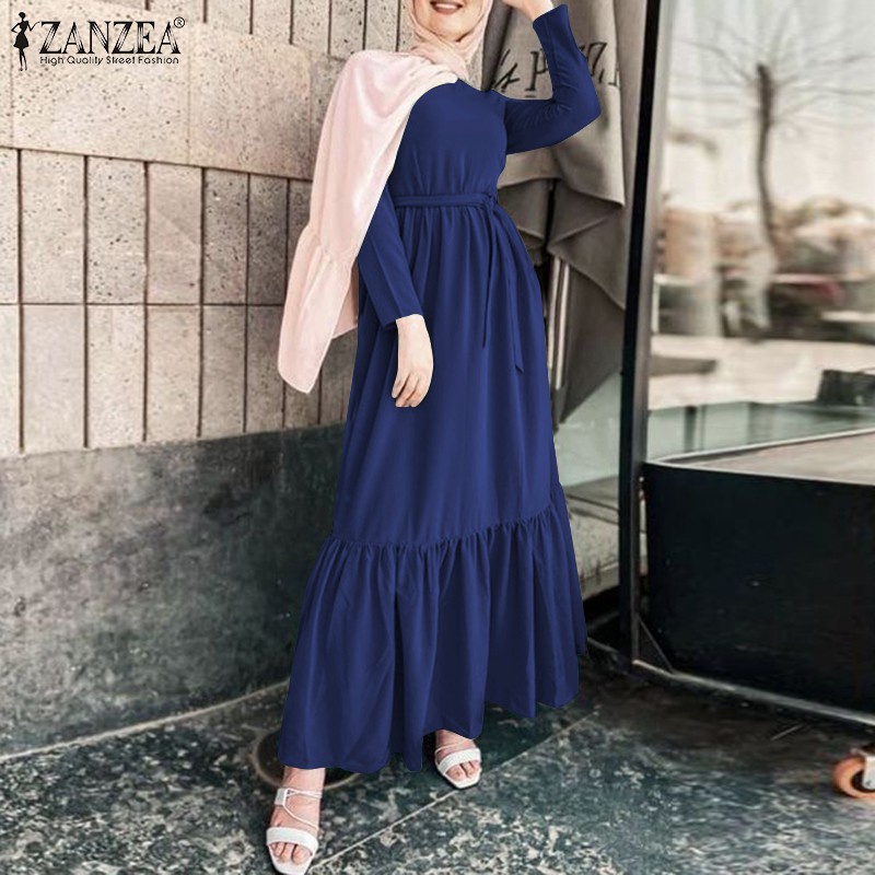 ZANZEA Women Casual Muslim Elastic Waist Belted Patchwork Maxi Dress