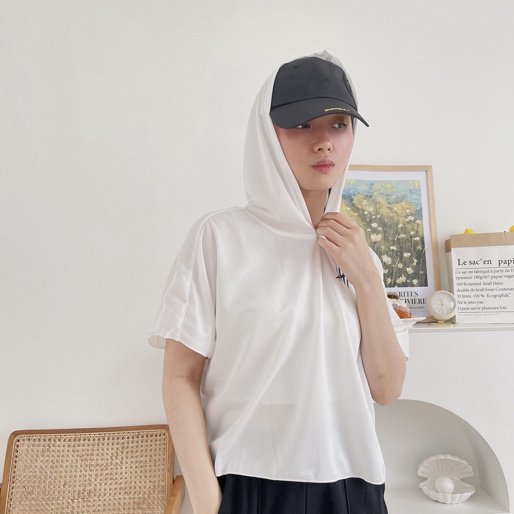 DONSON Hoodie Lengan Pendek Luaran Atasan Crop Wanita Warna Putih