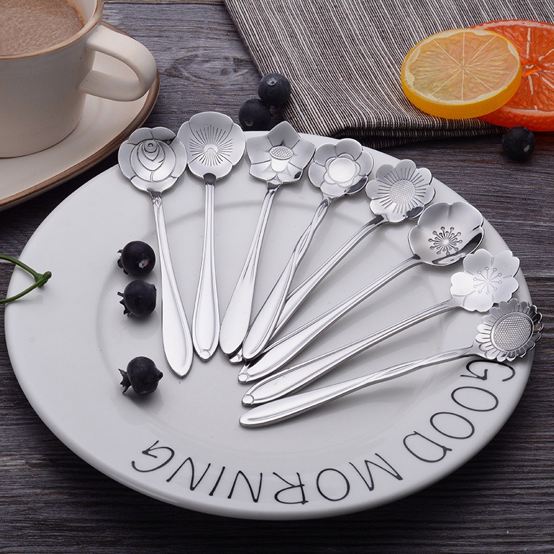 HOVELSHOP Sendok Teh Kopi Pendek Motif Bunga Set Tea Spoon Mewah Stainless Steel