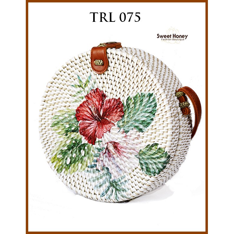 Sweet Honey ~ Grosir Tas Rotan Bali Bulat Lukis Decoupage Motif Bunga Flower TRL075 Diameter 20cm [Bisa COD]